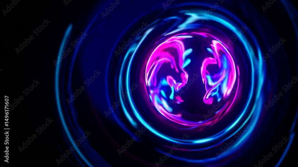 Poster colorful plasma ball rotating and morphing on a black background, creating a mesmerizing visual effe