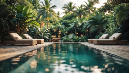 Fototapeta premium Swimming Pool With Relaxing Sun Beds In Tropical Garden In Island