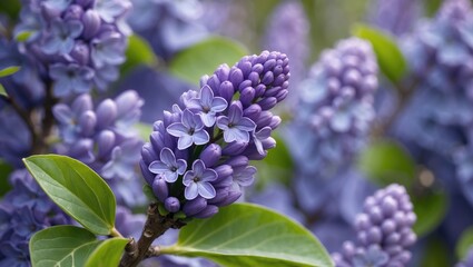 A purple lilac bud in a crisp plan, growing on a young bush.