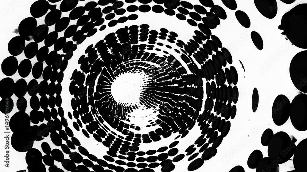 Poster Black rotating dots generating dynamic tunnel-like motion, forming hypnotic geometric pattern with mesmerizing abstract visual effect on pristine white background