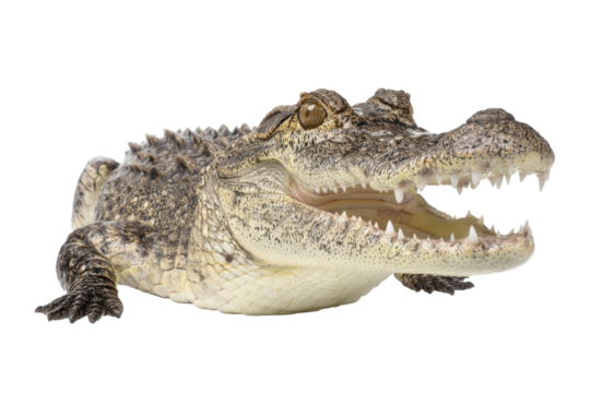 Isolated closeup of a young Caiman with open mouth showing sharp teeth on a transparent background vector, showcasing wildlife and animal behavior