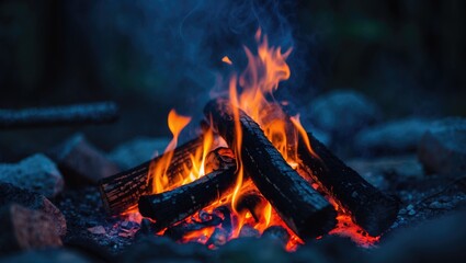 Naklejka premium Close-up of a Camp Fire with glowing flames and burning logs.
