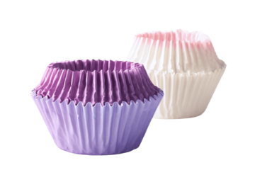 Two colorful cupcake liners, purple and pink, on a transparent background vector for baking and party decorations