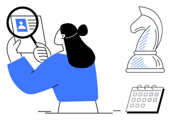 Woman analyzing personal details with magnifying glass, chess knight symbolizing strategy, calendar for planning. Ideal for recruitment, strategy, planning, analysis, decision-making, evaluation HR