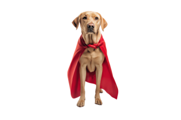 Golden Labrador Retriever dog wearing a red superhero cape on a transparent background vector Concept of pet costume, animal hero, and domestic animal power