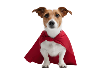 Jack Russell Terrier dog wearing a red superhero cape on a transparent background vector Concept of pet costume, animal hero, and domestic animal power