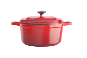 Enamel coated cast iron Dutch oven in vibrant red color with lid on a transparent background vector Concept of cooking, kitchenware, and healthy eating