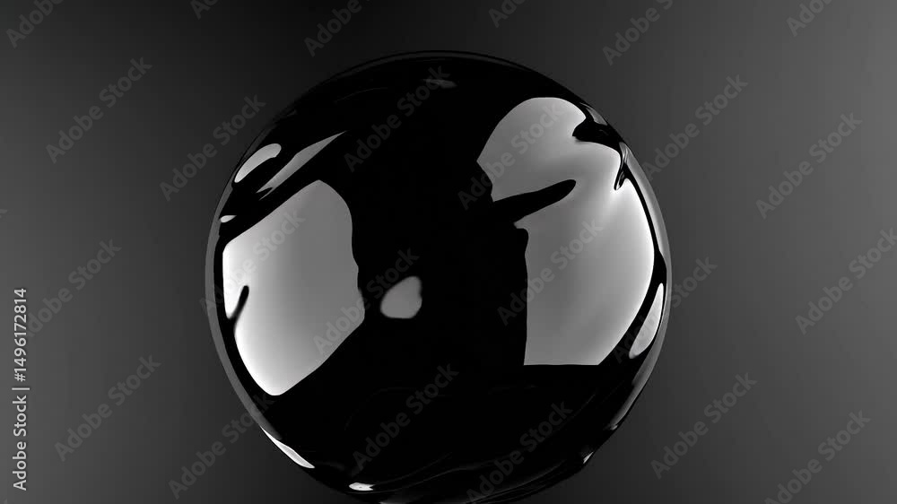 Poster glossy black sphere slowly rotates, morphing and changing shape, against a dark gray background, cre