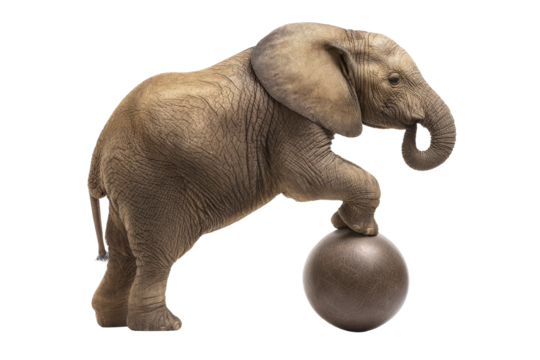 African elephant balancing on a ball on a transparent background vector Concept of circus, strength, balance, and wildlife