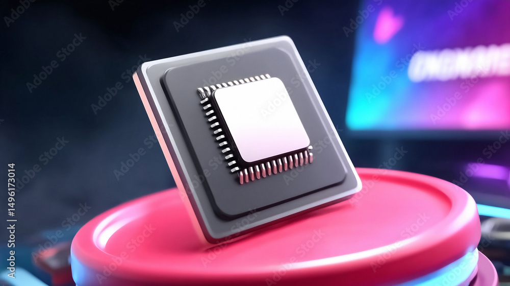Poster sleek 3d render of a microchip on a pink stand against a digital backdrop. evokes hightech, processi