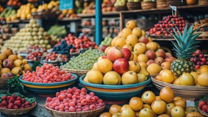 Obraz premium Bowl of Fruits in Market, Conceptual, Creative Background with Empty Space for Text
