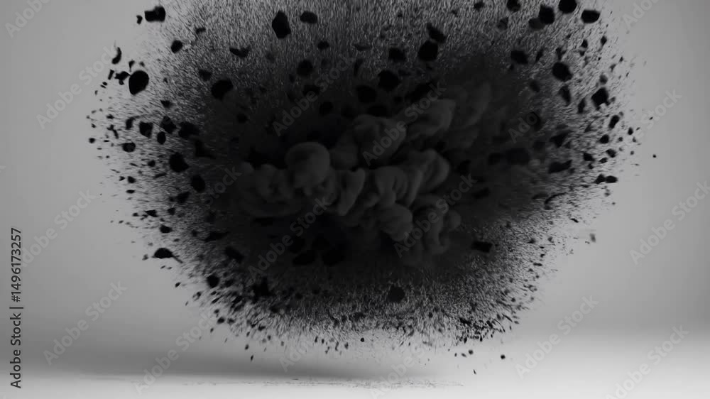 Poster dark black ink cloud gracefully expanding, softly diffusing across pristine white background, creati