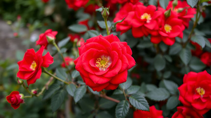 profusely blooming scarlet floribunda rose in the garden close up