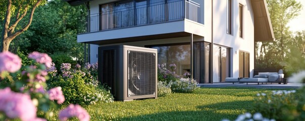 Modern Heat Pump in a Luxurious Garden Setting