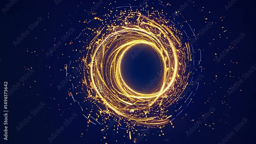 Poster golden rings rotate and emit particles on a blue background, creating a mesmerizing visual effect, p