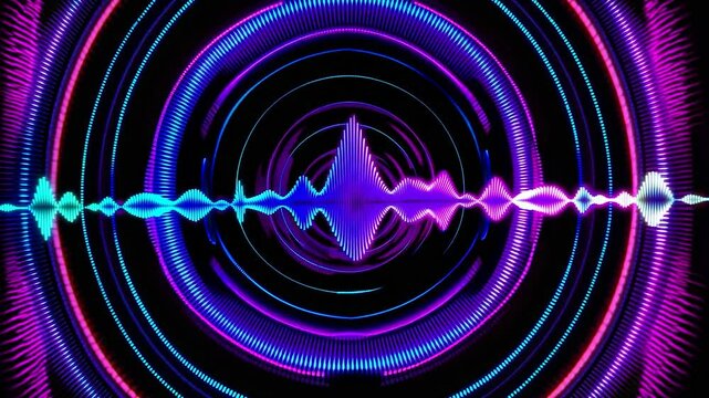Vibrant audio waves pulsating and oscillating, generating dynamic visual patterns through concentric circles against deep black background, creating mesmerizing digital sound visualization