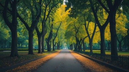 Fototapeta premium Alley in the park with green trees and vibrant colors