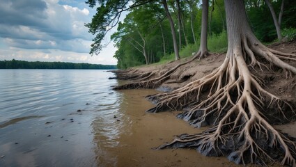 Fototapeta na wymiar Erosion along the shoreline exposes tree roots that are about to fall into the lake.