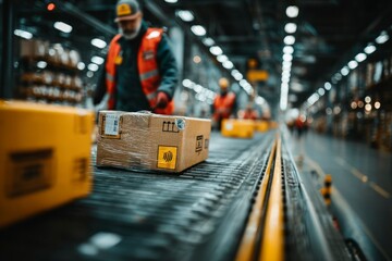 Logistics and Distribution Worker Handling Packages on Conveyor Belt in Warehouse