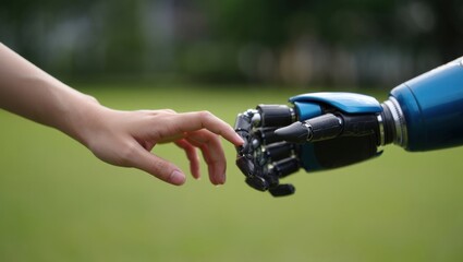 A human hand reaches towards a robotic hand in a serene park during daylight. Both are on the verge of touch symbolizing the blend of technology and humanity in a tranquil environment.
