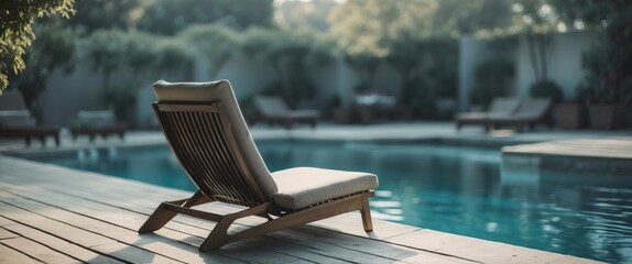 Blurred empty resting chair near swimming pool with empty copy space for text