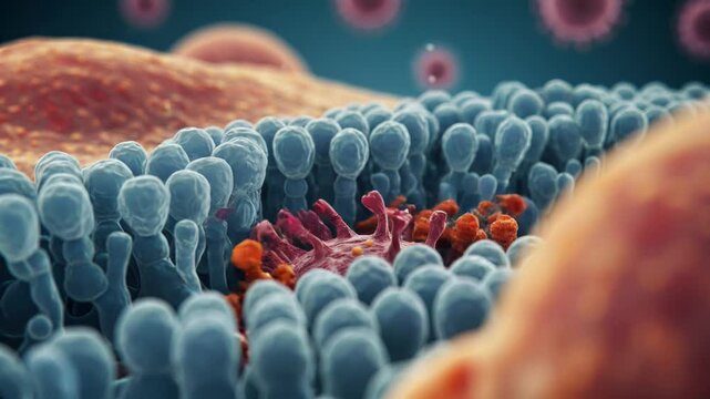 A 3D animation depicts a coronavirus particle descending and settling onto a dense, blue, cilia-like or phospholipid bilayer surface of a host cell, illustrating viral attachment.
