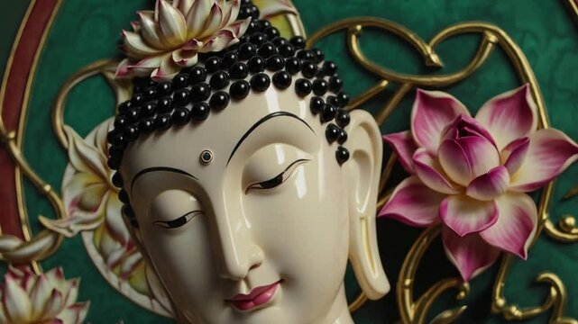 Peaceful ceramic Buddha with flowers