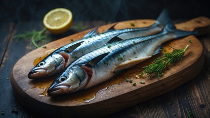 Fresh Mackerel Steak on Wooden Board