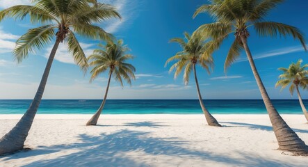 Obraz premium Blue sea and white sand palm trees on a beach with empty copy space for text