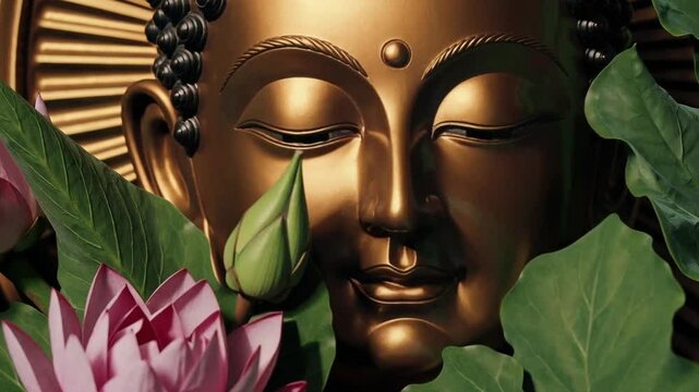 Bronze Buddha among green leaves