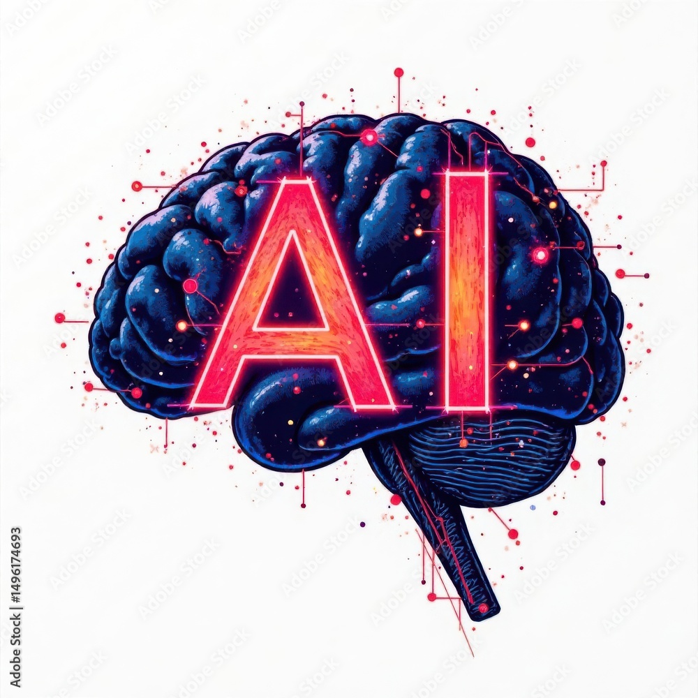 Poster creative depiction of a brain visual filled with vibrant colors and digital elements. it symbolizes 
