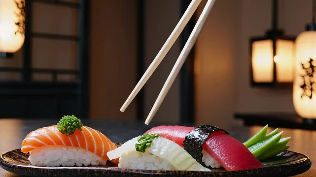 Chopsticks picking sushi nigiri