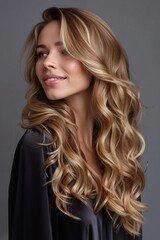 A woman with long, wavy blonde hair wearing a black robe