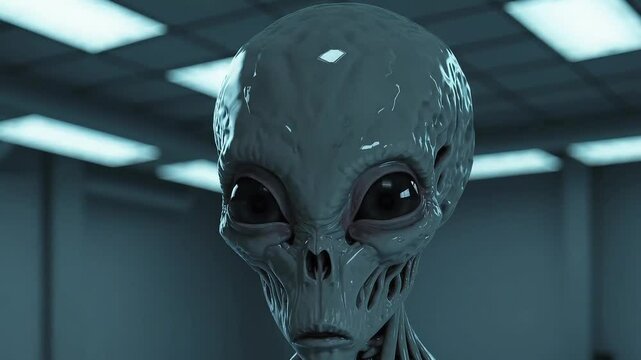 Alien with large eyes in lab