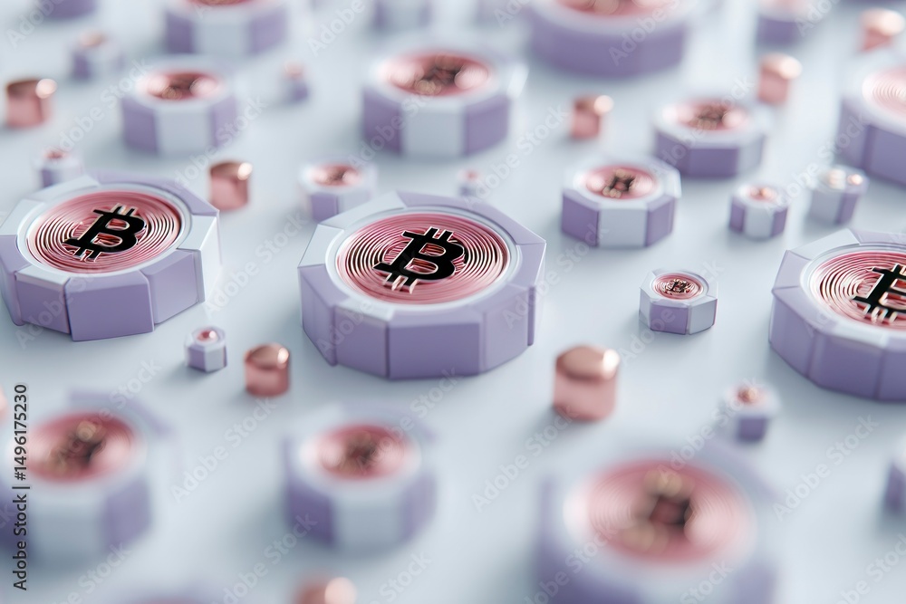 Poster cryptocurrency tokens with bitcoin symbol in futuristic design digital finance blockchain tec