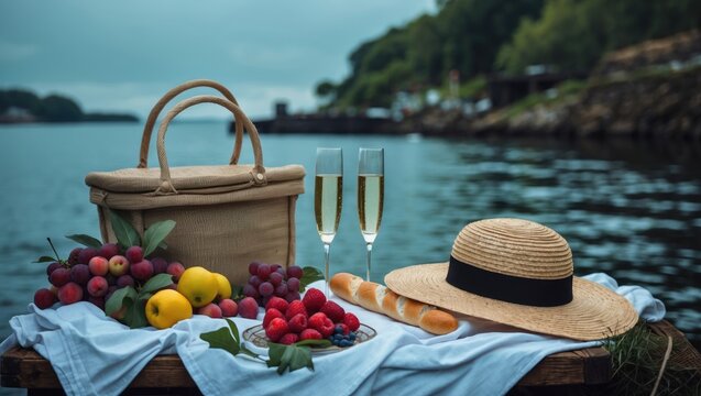 A Cozy Picnic in Nature, at the Pier. Fresh Fruit, a Jute Basket, a Baguette, a White Sheet, and a Straw Hat. Two Champagne Glasses with Blank Space for Text.