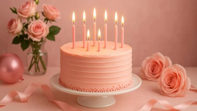 Pink birthday cake with lit pink candles, decorated with pink frosting and sprinkles, sits on a white cake stand on a pink background with pink roses and a pink metallic balloon