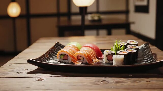 Traditional sushi platter with sauce