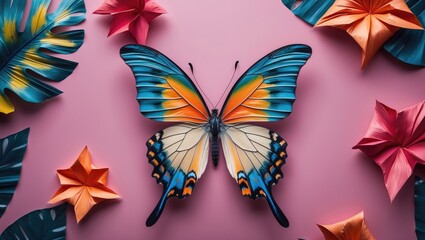 Bright rice paper tropical butterfly on pink background with empty space for text.