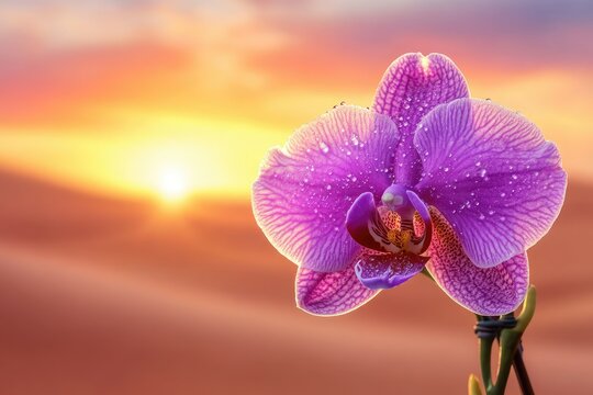 A vibrant purple orchid with dew drops, silhouetted against a breathtaking sunset.