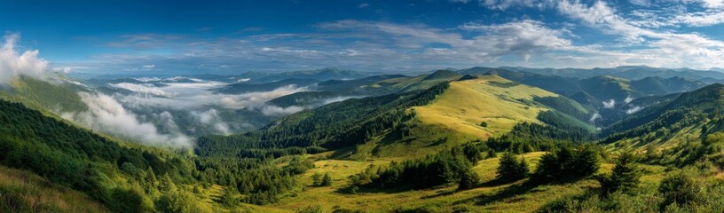 Naklejka premium Panoramic View of Misty Green Mountain Valley Under Blue Sky