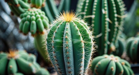 Fototapeta premium Tropical Green Cactus, Close Up - Sparky But Not Dangerous, with Empty Copy Space For Text