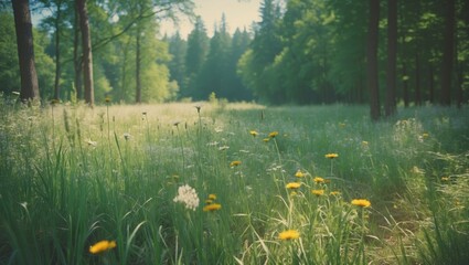 Obraz premium Green Meadow and Grass Flowers in the Forest with lush greenery and sunlight filtering through trees.