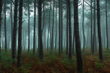 Fototapeta premium Moody Forest Scene with Fog and Pine Trees