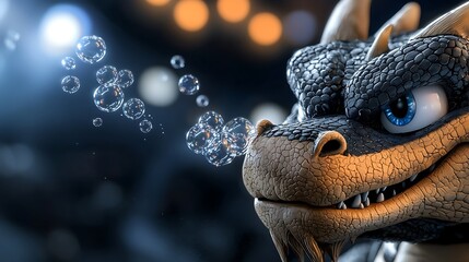 Obraz premium A detailed close-up of a dragon character exhaling bubbles in a whimsical fantasy setting