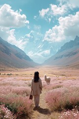 Obraz premium A woman walking a llama in a field of flowers with mountains in the background