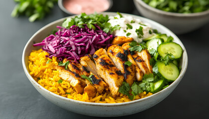 floating chicken shawarma bowl stack on a warm sand background turmeric rice, sliced chicken shawarma, pickled red cabbage, cucumber cubes, garlic sauce, chopped parsley