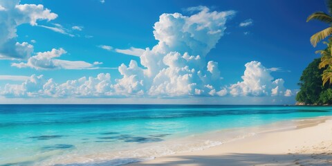 Serene beach with a clear blue sky, fluffy white clouds, and shimmering blue sea. Includes empty space for text.