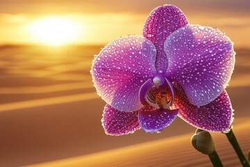 Plakat A dew-kissed purple orchid blooms vibrantly against a breathtaking sunset backdrop.