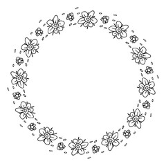 Round Flowers frame Doodle sketch. Spring or Summer Wreath with flowers. Simple flowers with petals. Black and white wreath, hand drawn Vector print for invitation, card, invitation, decoration, logo.